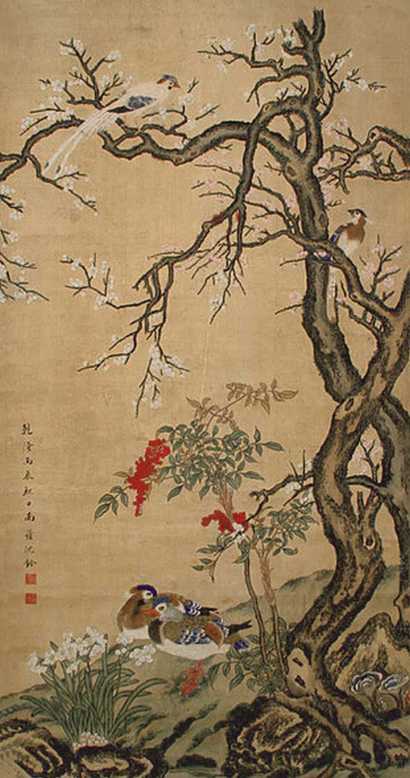 沈铨 花卉鸳鸯图 立轴